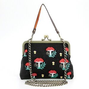 Mushroom Kisslock Embroidered Clutch Crossbody zipper pocket Black Red Green NEW